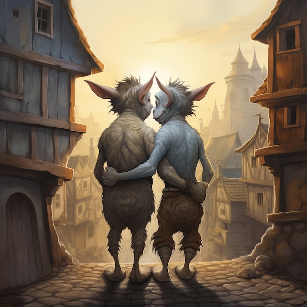 Free photo full shot goblins hugging fantasy world