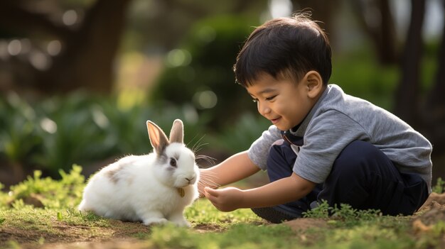 Full shot kid playing with dog