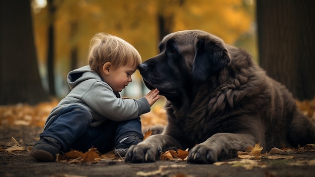 Full shot kid playing with dog