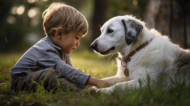 Full shot kid playing with dog