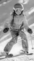 Free photo full shot kid skiing monochrome