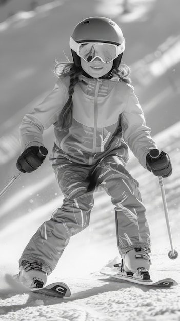 Free Photo full shot kid skiing monochrome