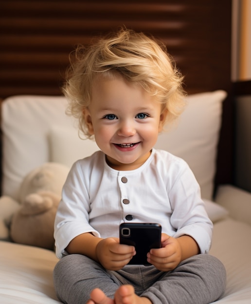 Free photo full shot kid using smartphone indoors