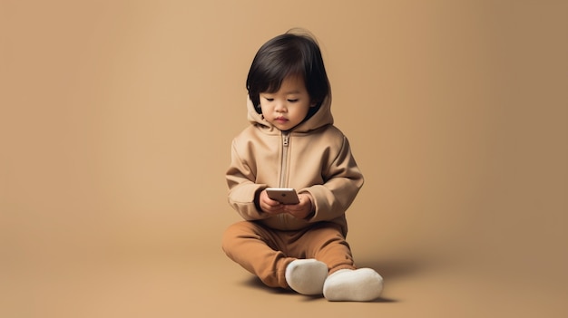 Full shot  kid using smartphone