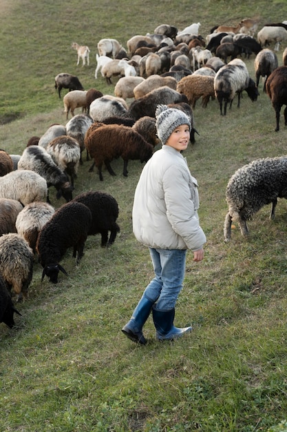 Free photo full shot kid with sheep in nature