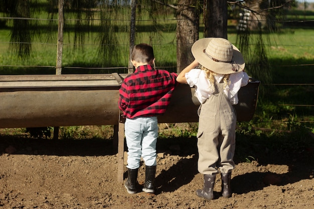 Full shot kids at farm