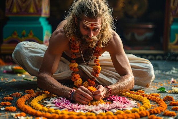 Free photo full shot man celebrating tamil new year