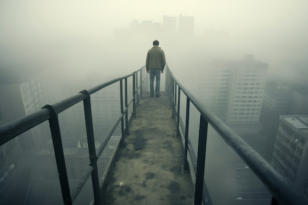 Full shot man experiencing anxiety on bridge