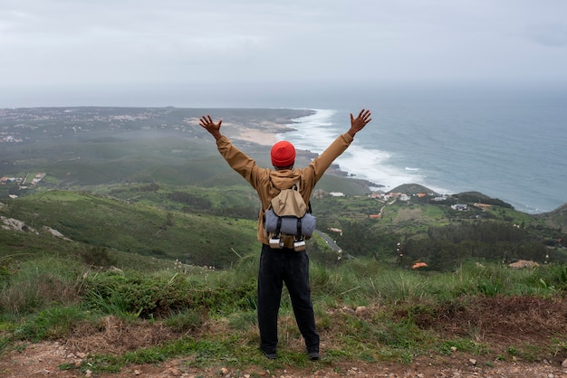 Free Photo full shot man on a hiking trip