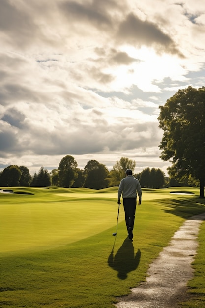 Free photo full shot man playing golf in nature