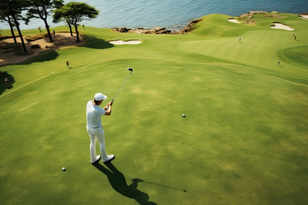 Free photo full shot man playing golf in nature