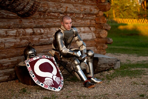 Full shot man posing as a medieval soldier