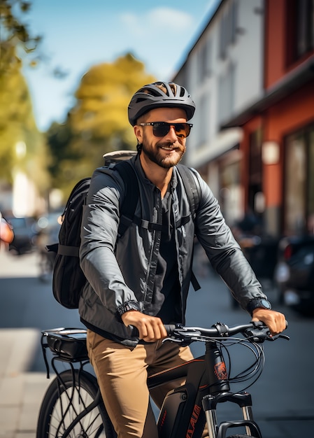 Free photo full shot man riding bike outdoors