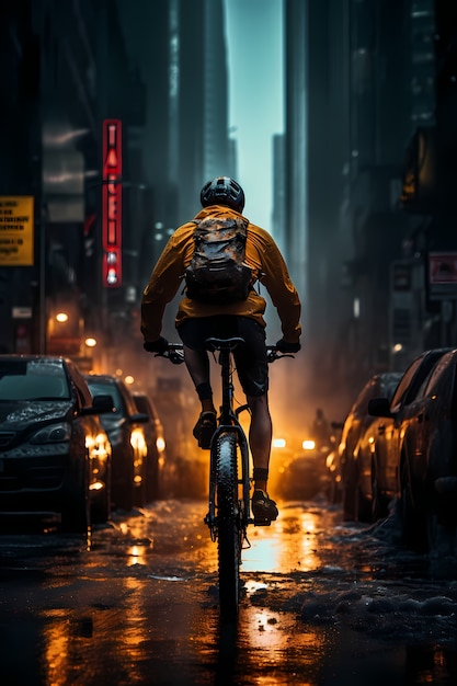 Free photo full shot man riding bike outdoors