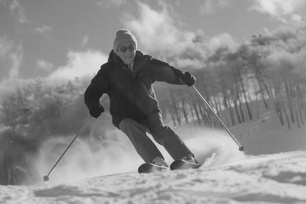 Free photo full shot man skiing monochrome