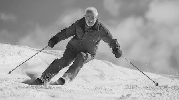 Free Photo full shot man skiing monochrome