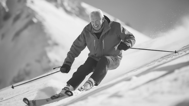 Full shot man skiing monochrome