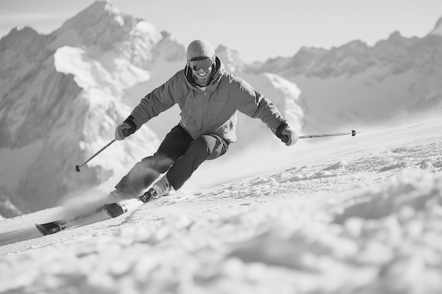 Free photo full shot man skiing monochrome