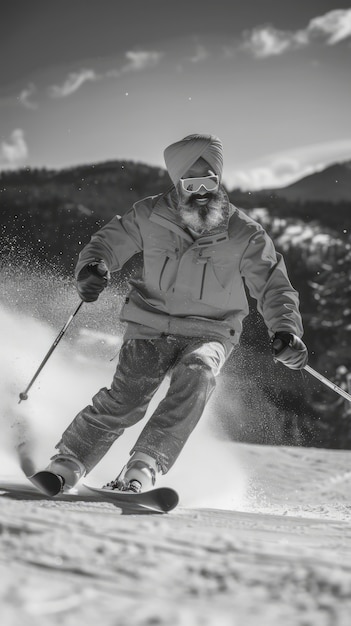 Free photo full shot man skiing monochrome