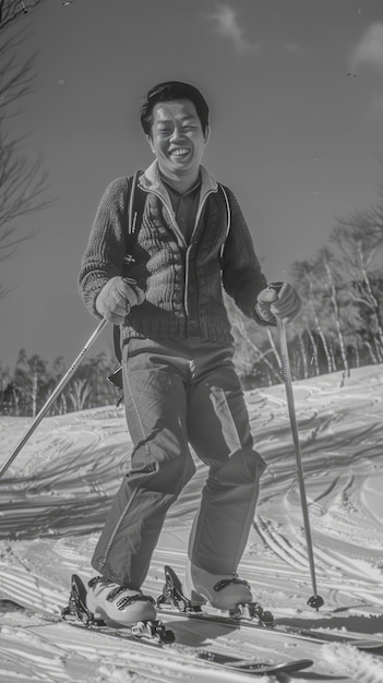 Full shot man skiing monochrome