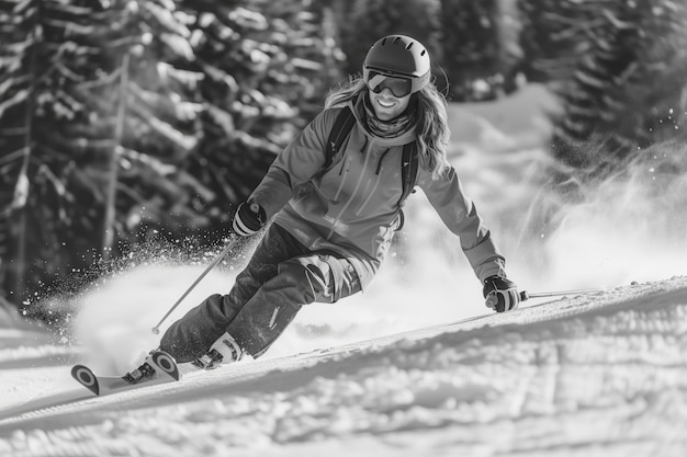 Full shot man skiing monochrome