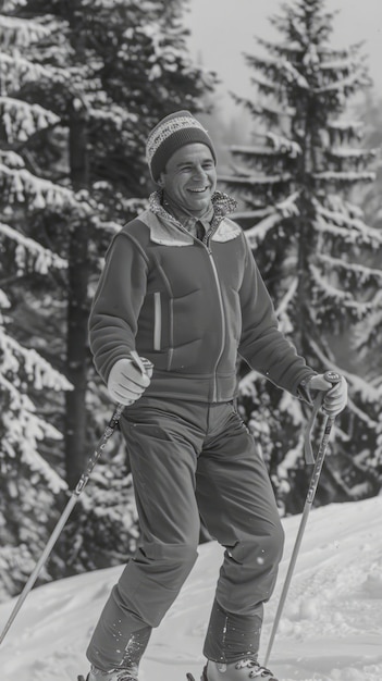 Free photo full shot man skiing monochrome