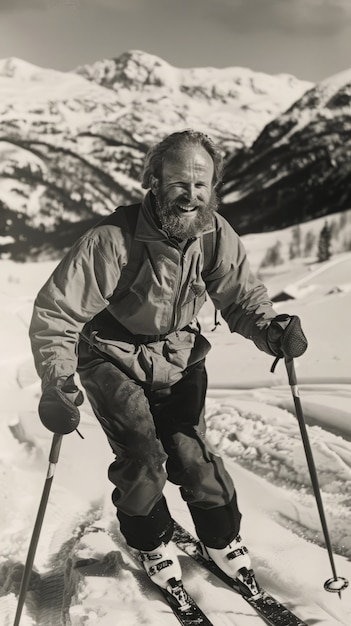 Full shot man skiing monochrome