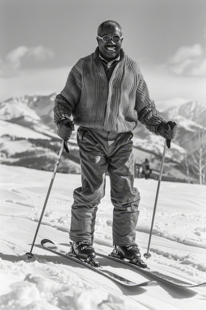 Free photo full shot man skiing monochrome