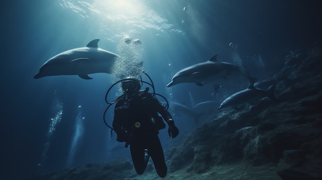 Full shot man swimming with dolphins