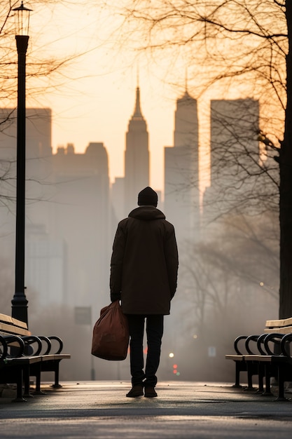 Full shot man walking in new york