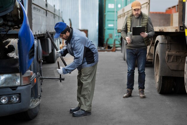 Full shot mechanic checking truck outdoors