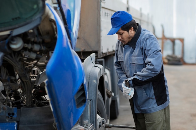 Full shot mechanic checking truck