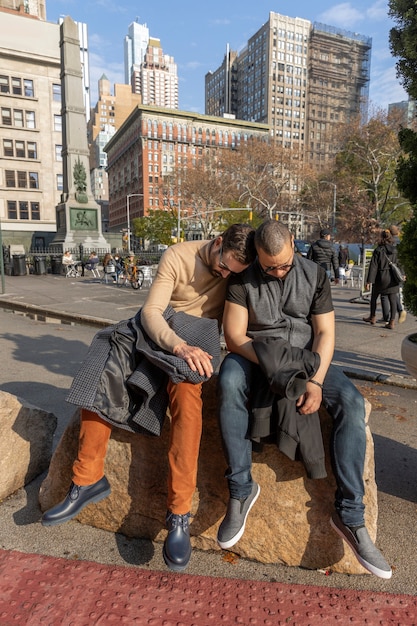 Full shot men sleeping outdoors