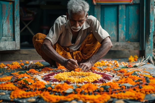 Free photo full shot old man celebrating tamil new year