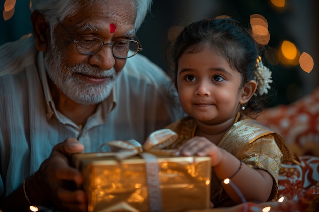 Free photo full shot old man and girl celebrating tamil new year