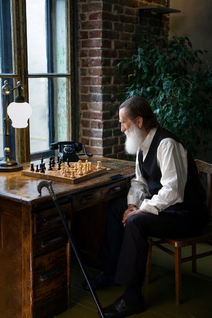 Free Photo full shot old man sitting on chair