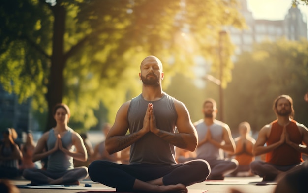 Full shot people doing yoga together