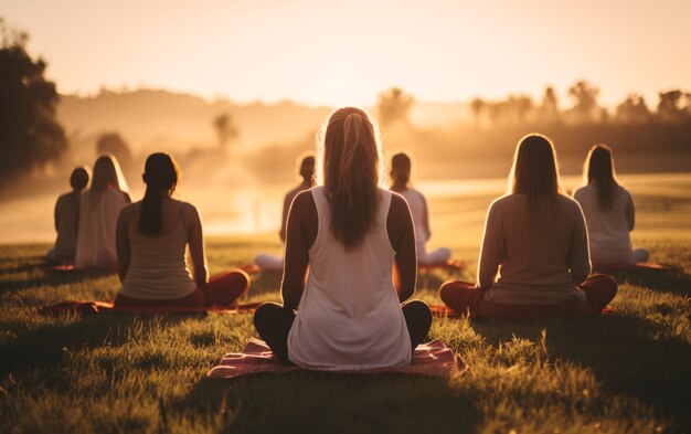 Full shot people doing yoga together