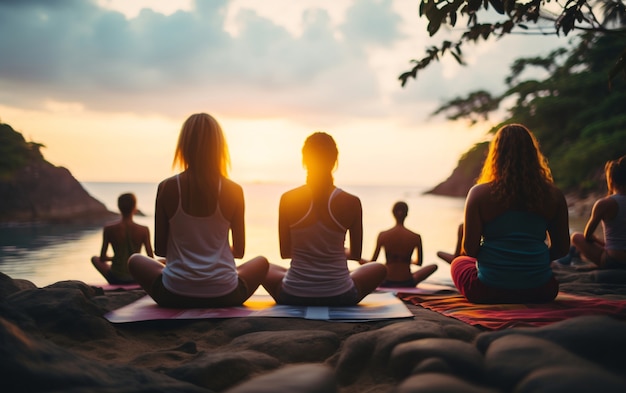 Full shot people doing yoga together