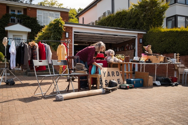 Full shot people at garage sale