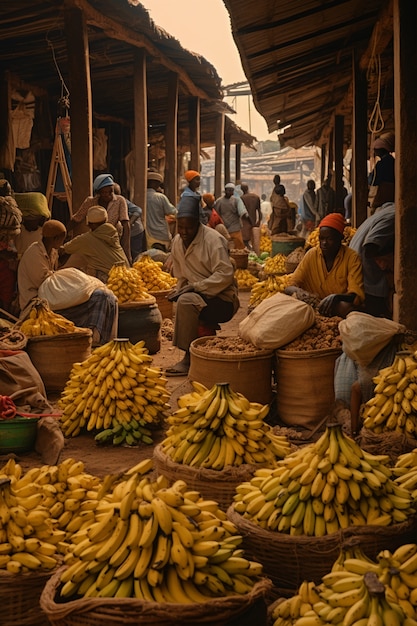 Full shot people selling bananas