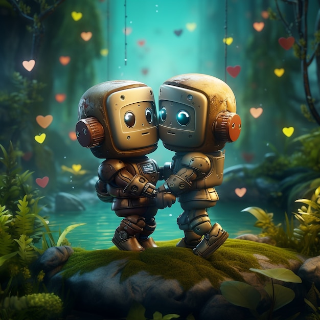 Full shot robots hugging fantasy world