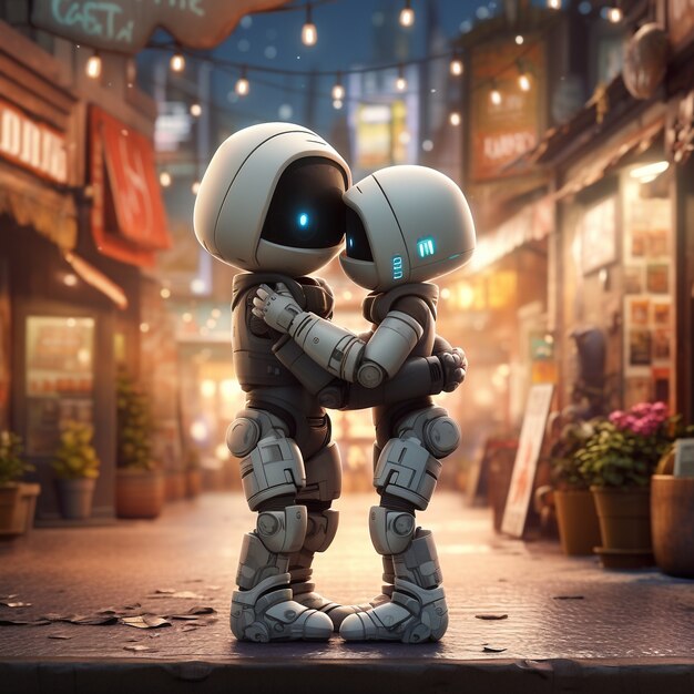 Full shot robots hugging fantasy world