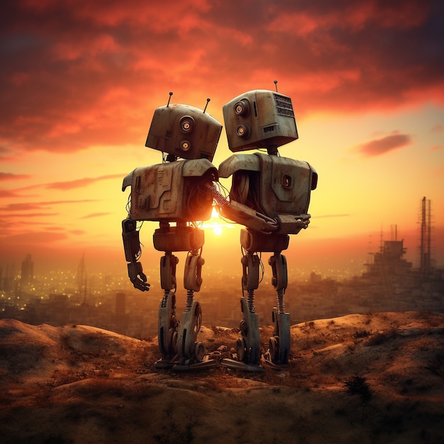 Full shot robots hugging fantasy world