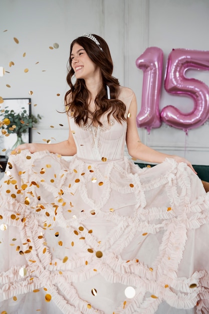 Free photo full shot smiley girl with beautiful dress