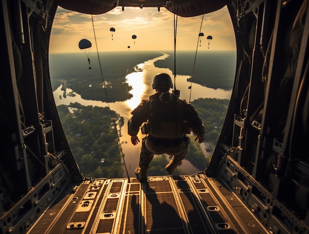 Free photo full shot soldier jumping out of plane