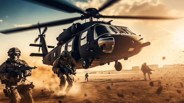 Free photo full shot soldiers fighting with helicopter