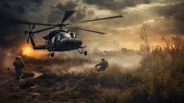 Free photo full shot soldiers fighting with helicopter