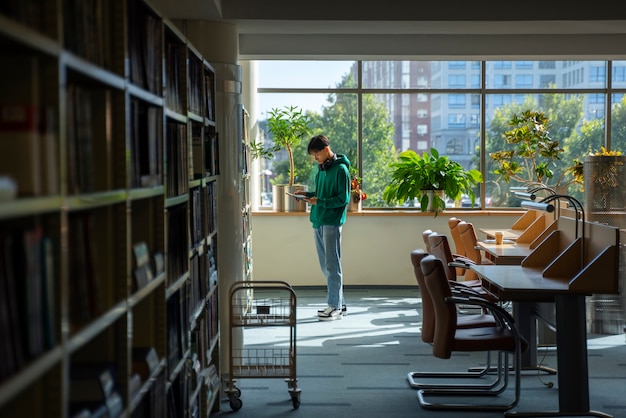 Free Photo full shot student in library