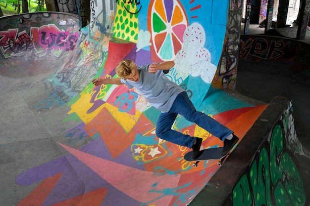 Free photo full shot teen with skateboard outside